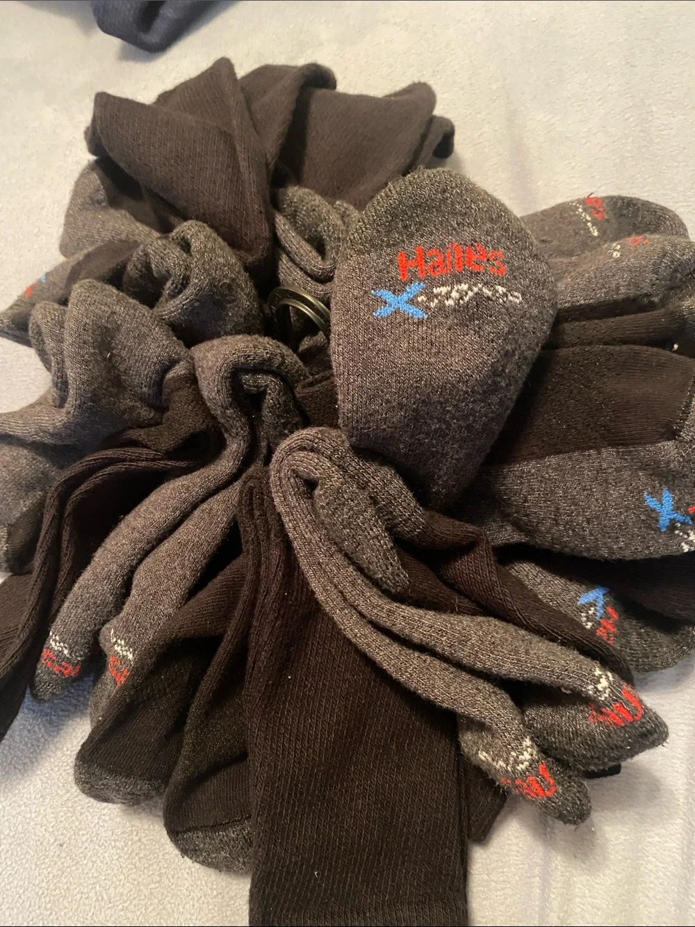 Hanes CTemp Men's Crew Socks Pack - Black with Red & Blue Logos. 12 Pack